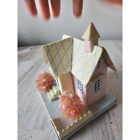 Pier 1 cardboard cottage village house tree spring Easter decor glitter sparkle - Picture 4 of 13